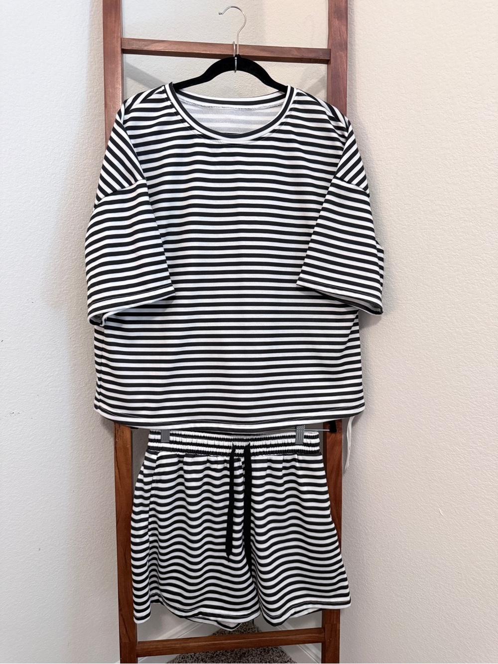 Women's Black & White Striped Short Sleeve Tee and drawstring shorts set